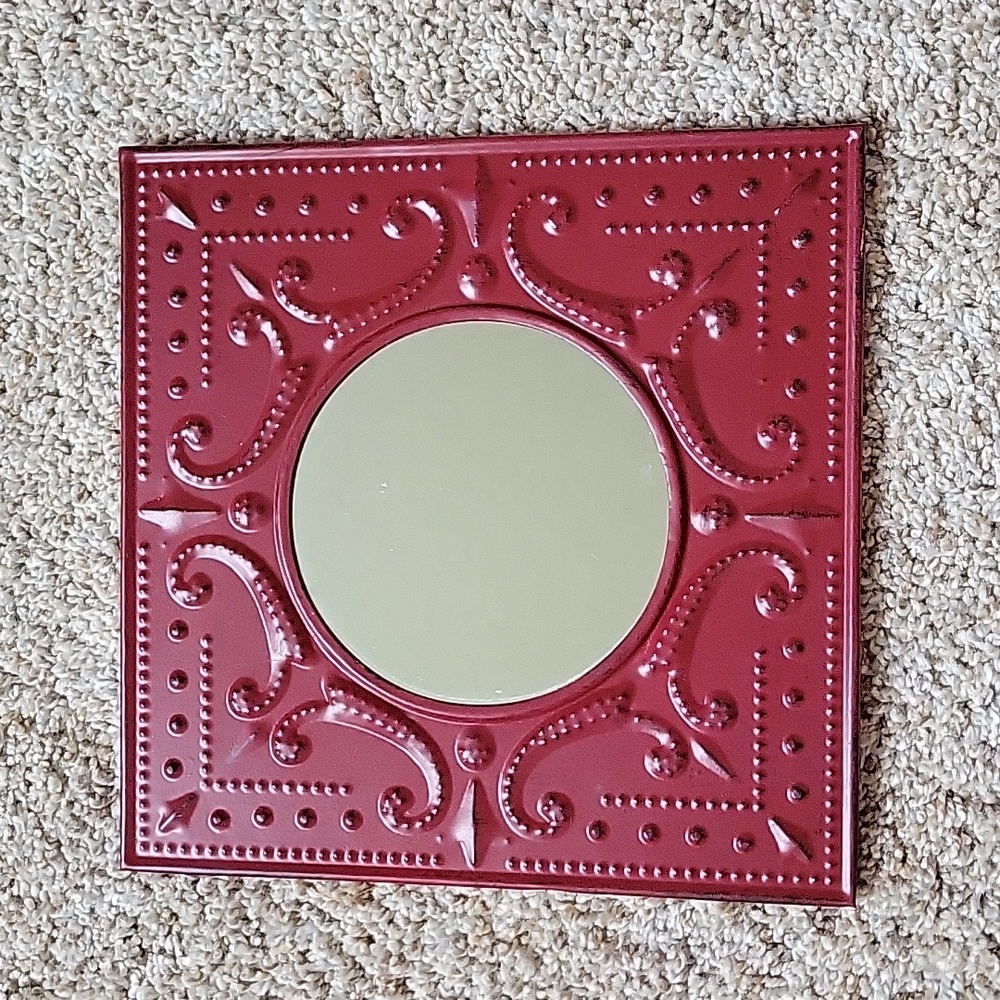 Round mirror with distressed square metal tin frame
